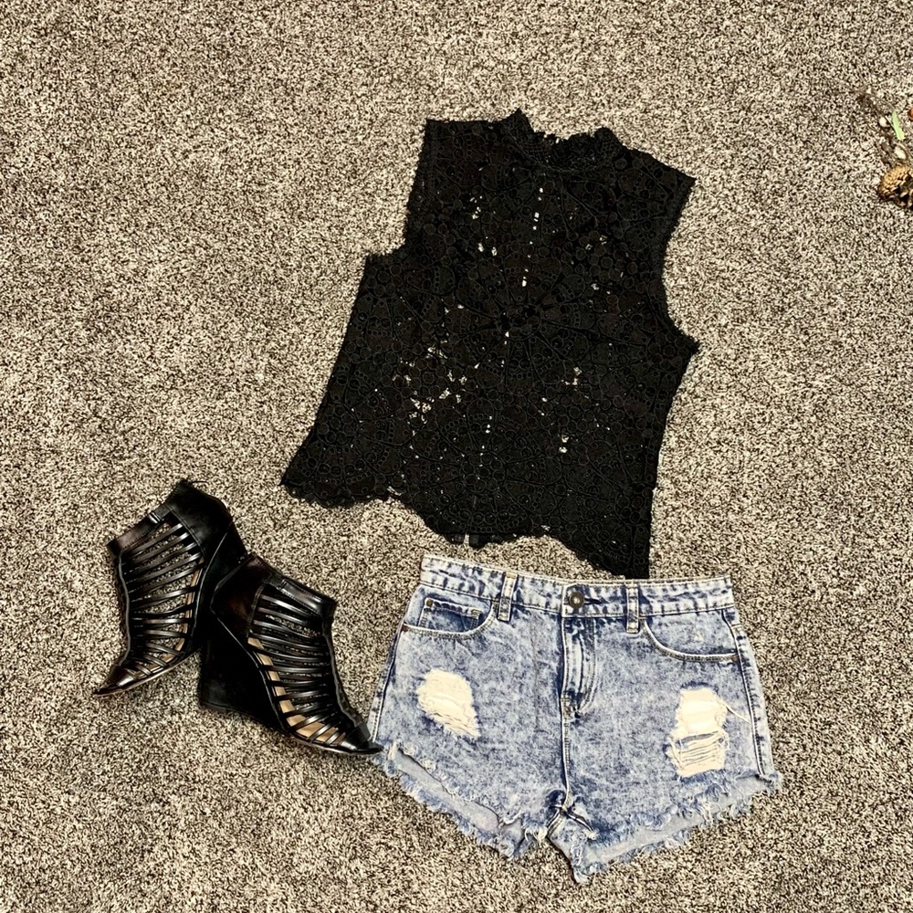 Miss Chievous Cute Black Eyelet Open Lace Crochet Sleeveless Dress Top Size M